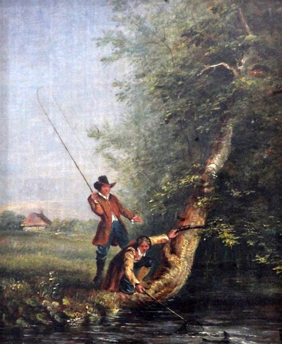John Absolon RI, ROI (1815-1895) An Angler, said to be Isaac Walton, landing a grayling 7 x 6in.